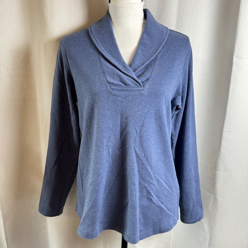 LL Bean Womens Sweatshirt Size L Reg Blue Shawl Collar Pullover Classic in EUC